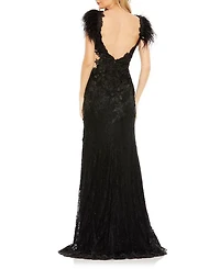 Feather Cap Sleeve Lace Gown