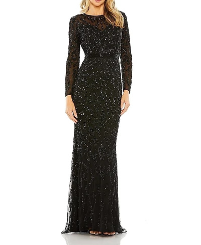 Mac Duggal Beaded Long Sleeve Evening Gown