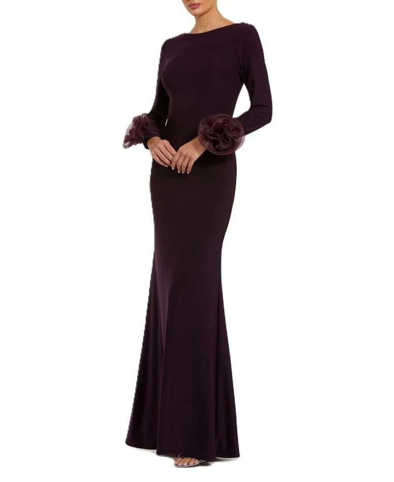 Long Sleeve Fitted Jersey With 3D Flowers Gown