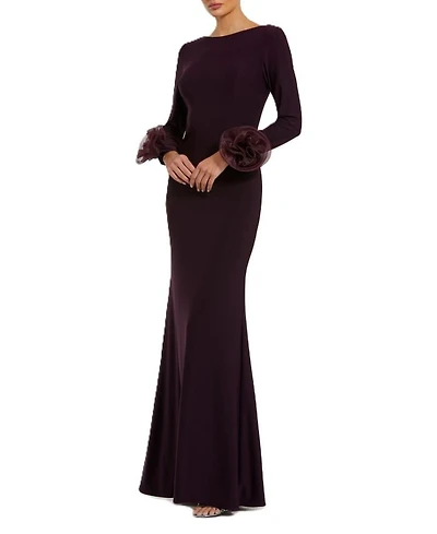 Long Sleeve Fitted Jersey With 3D Flowers Gown
