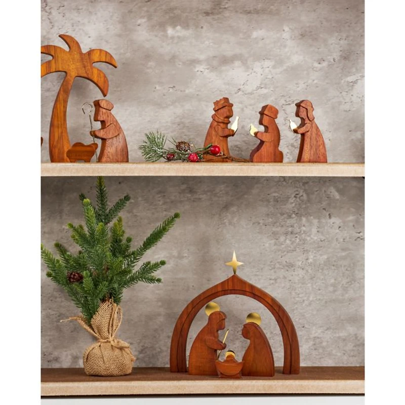 Wooden Shepherd with Lambs & Palm Tree Figurines, Set of 4