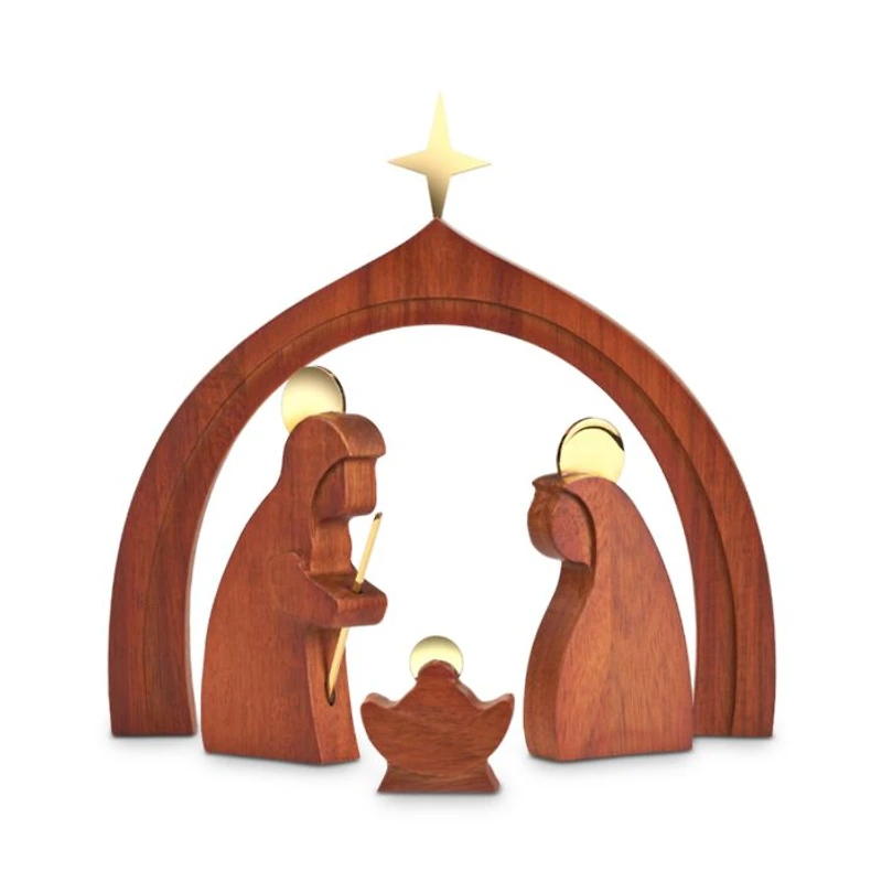 Wooden Holy Family with Creche Figurines, Set of 4