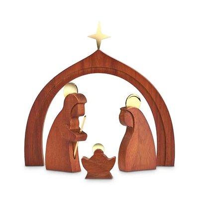 Wooden Holy Family with Creche Figurines, Set of 4