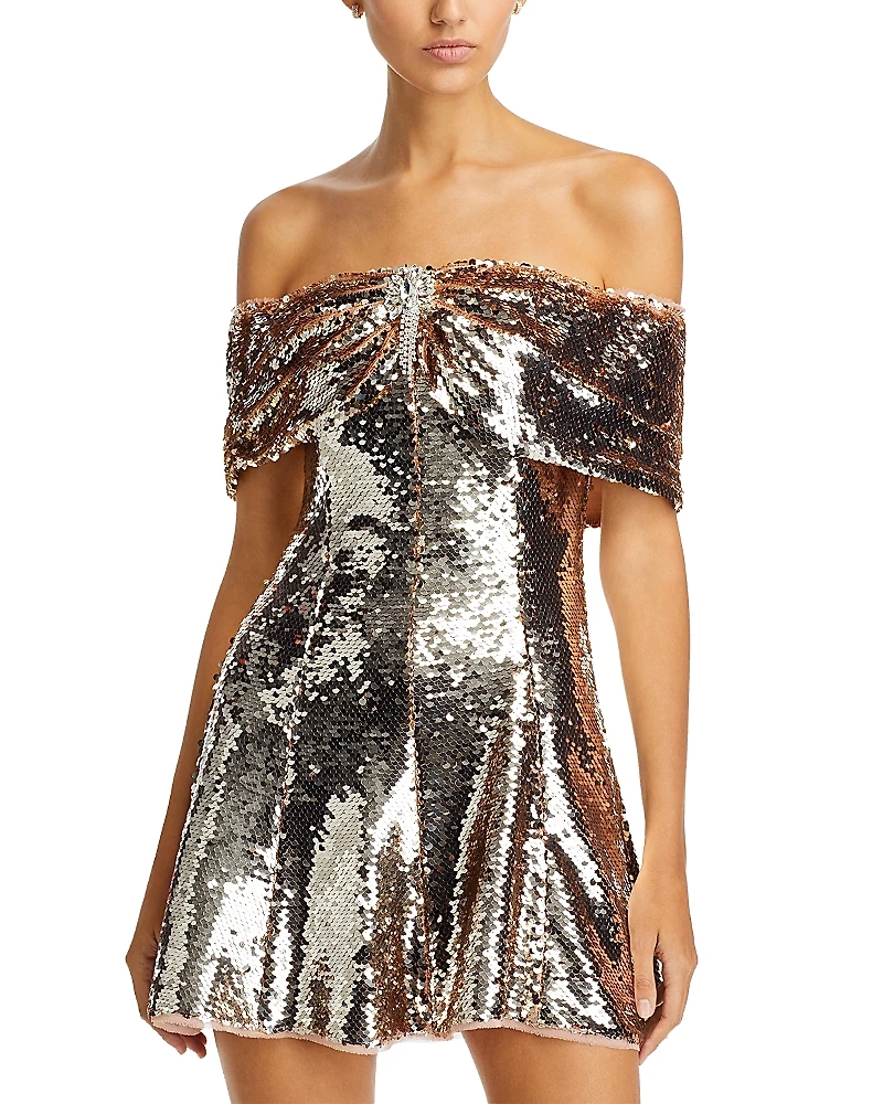 Self-Portrait Gold Sequin Off The Shoulder Mini Dress