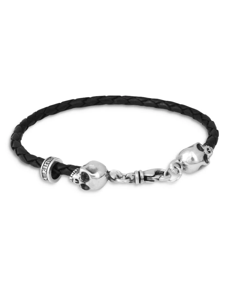 Thin Braided Leather Skull Bracelet