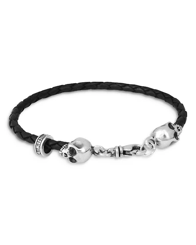 Thin Braided Leather Skull Bracelet