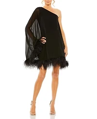 One Shoulder Trapeze Dress with Feather Trim