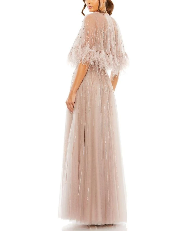 Embellished A Line Dress with Feather Detail Cape