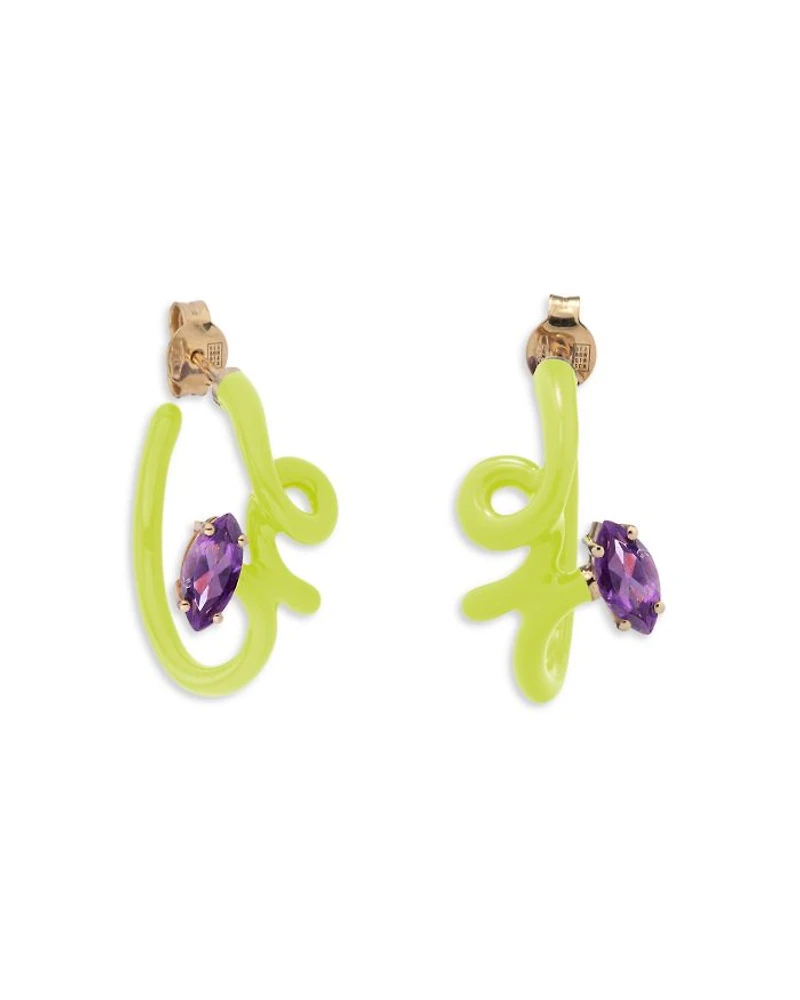 9K Yellow Gold & Sterling Silver You're So Vine Amethyst Lime Green Hoop Earrings