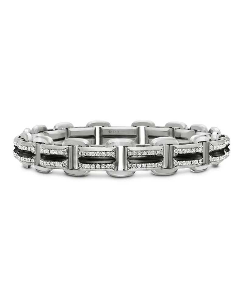 Men's Sterling Silver Deco Diamond Pavé Beveled Link Bracelet