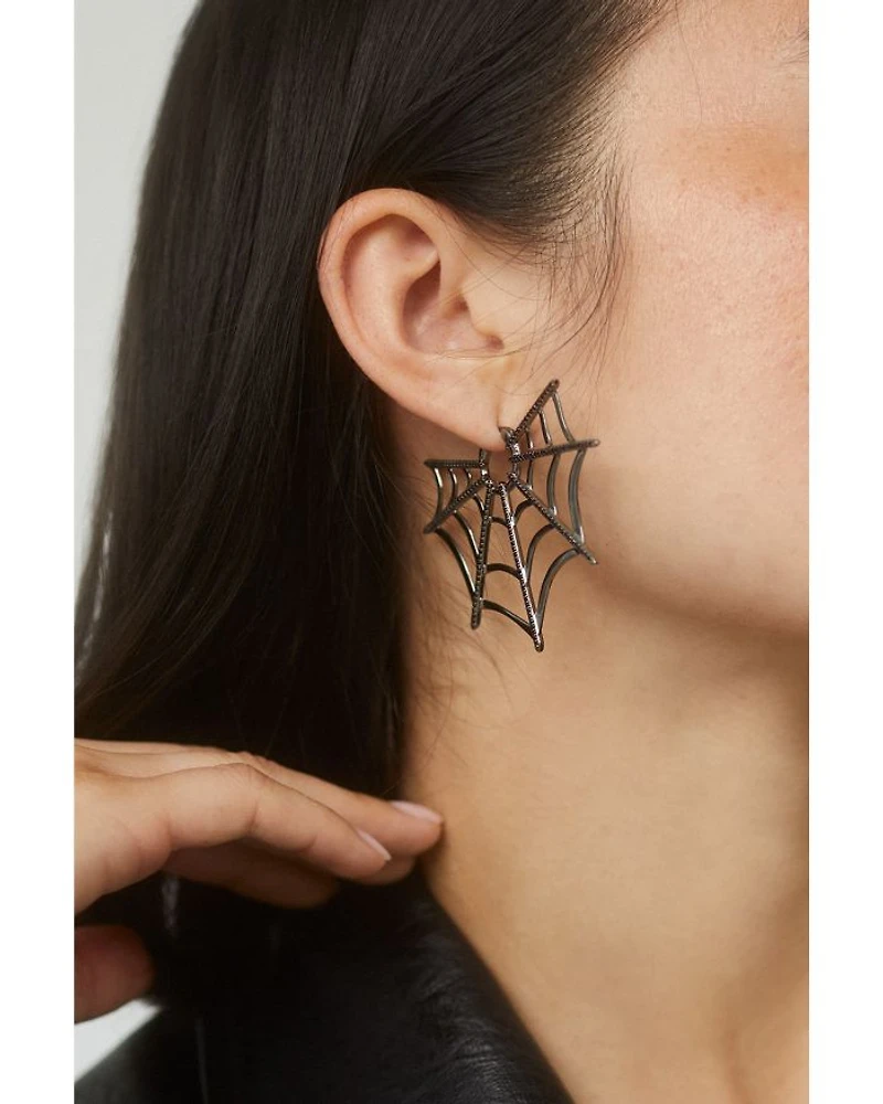 Haunt Couture Black Pavé Web Hoop Earrings in Ruthenium Plated
