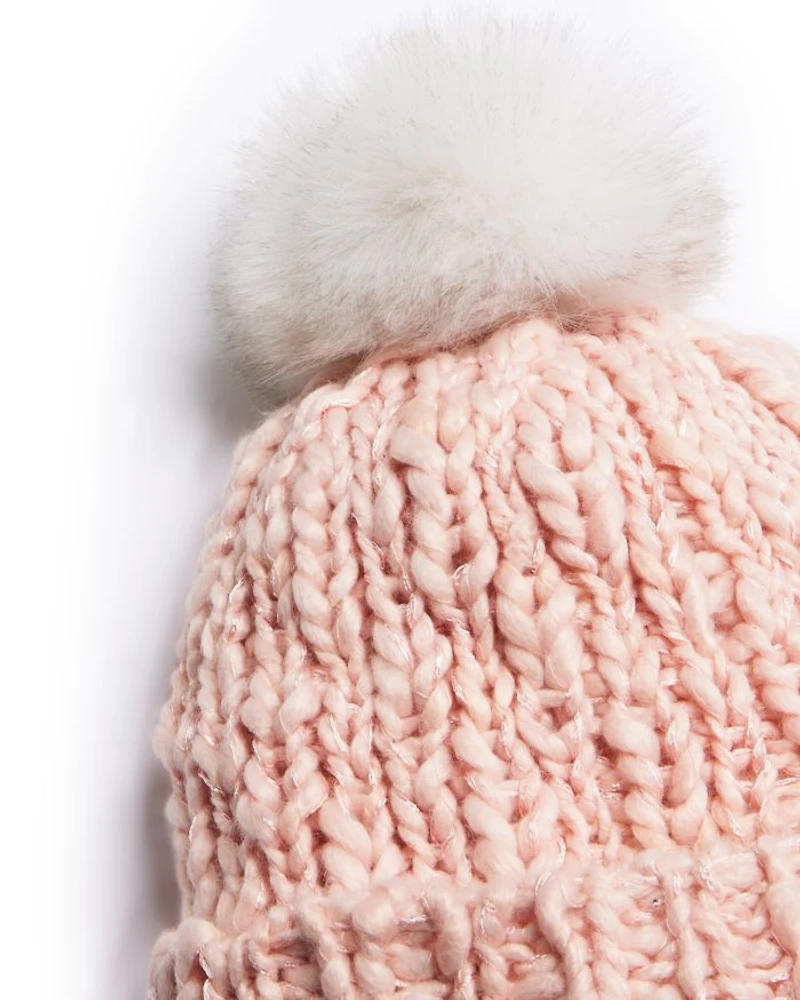 Girls' Knit Cuffed Beanie Hat With Faux Fur Pom - Big Kid
