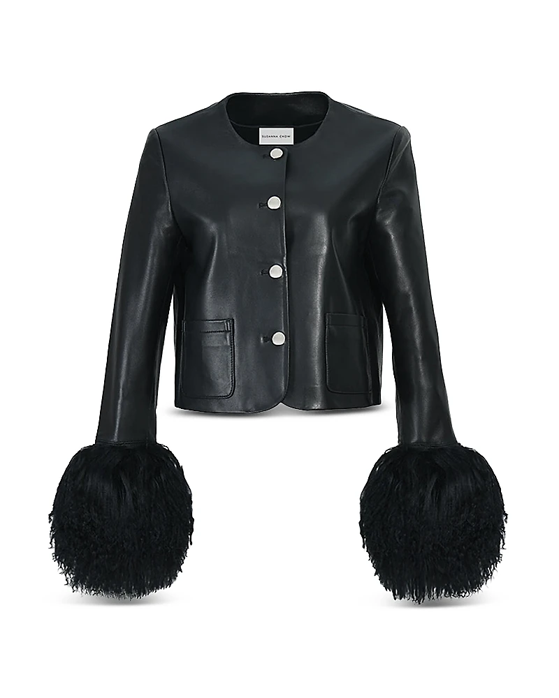 Susanna Chow Leather Cropped Shearling Cuff Jacket