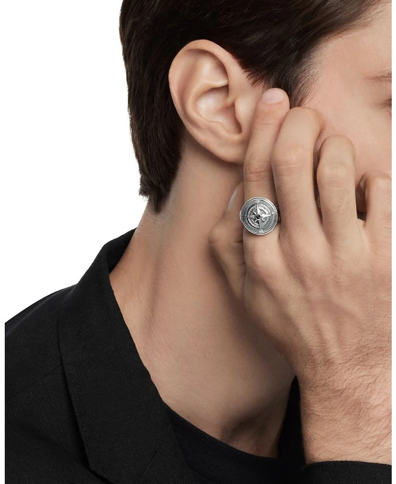 Men's Sterling Silver Maritime Compass Signet Ring with Black Diamond
