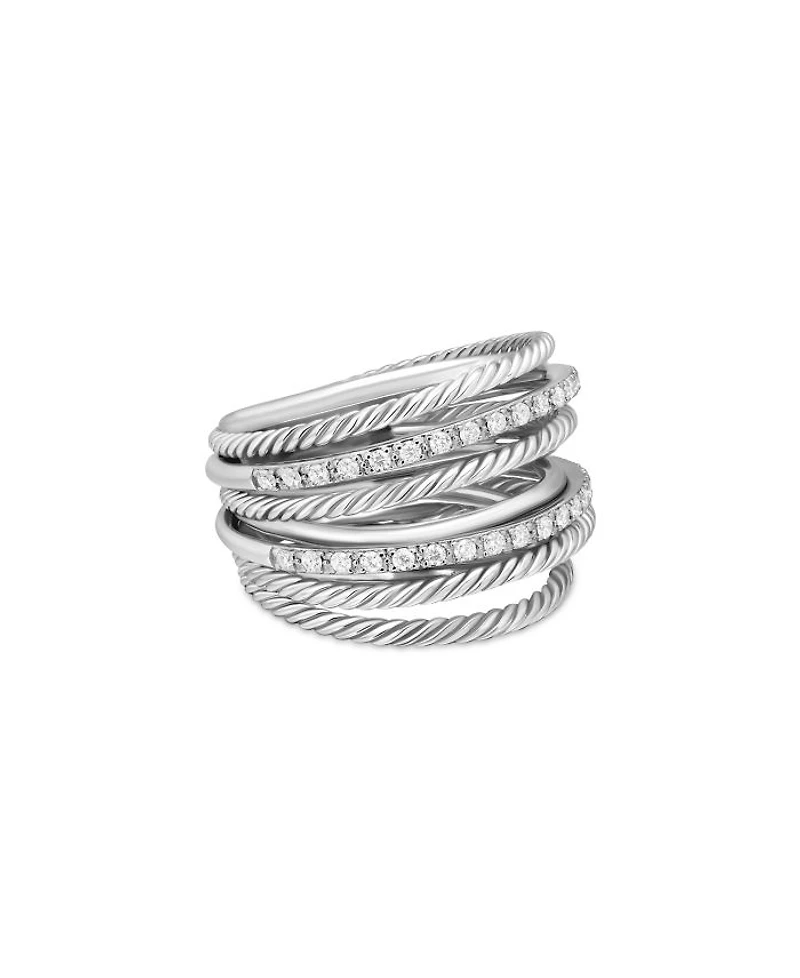 Sterling Silver Crossover Wide Ring with Diamonds