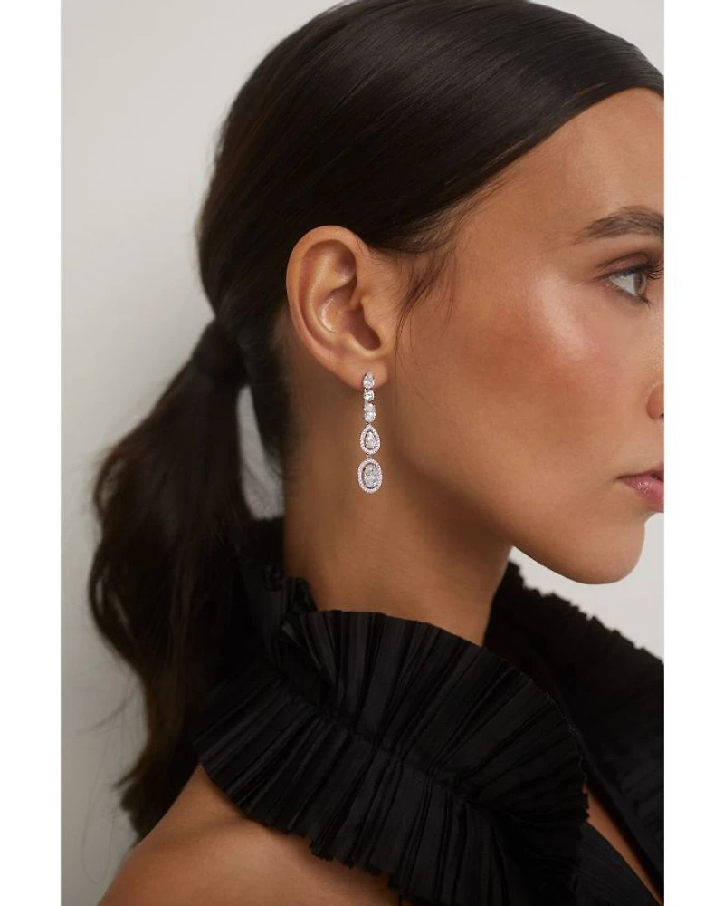 Radiant Cubic Zirconia Halo Linear Drop Earrings in Rhodium Plated