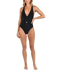 Lisa Solids Plunge Neck One Piece Swimsuit