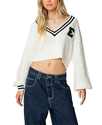 Edikted Collegiate Cropped Cable Knit Sweater