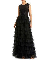 Ruffle Tiered Sequin High Neck Gown