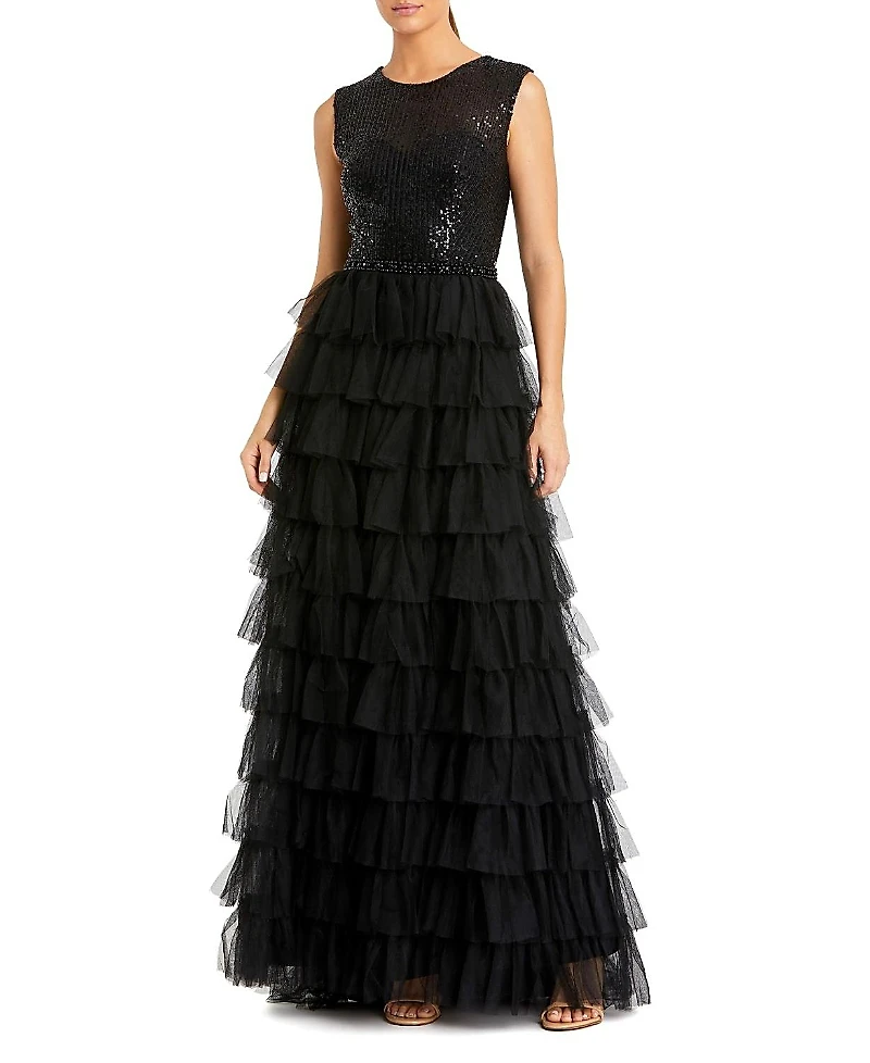 Mac Duggal Ruffle Tiered Sequin High Neck Gown