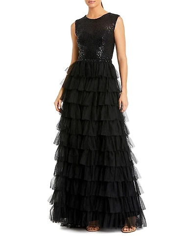 Mac Duggal Ruffle Tiered Sequin High Neck Gown