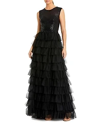 Mac Duggal Ruffle Tiered Sequin High Neck Gown