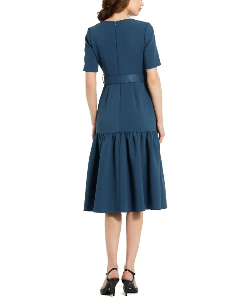 Belted Crepe Midi Dress With Pockets