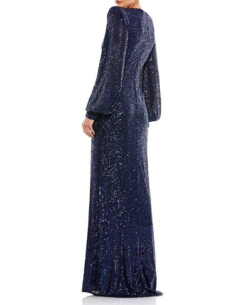 Sequined Plunge Neck Structured Bishop Sleeve Gown