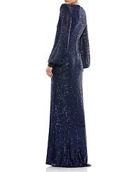 Sequined Plunge Neck Structured Bishop Sleeve Gown