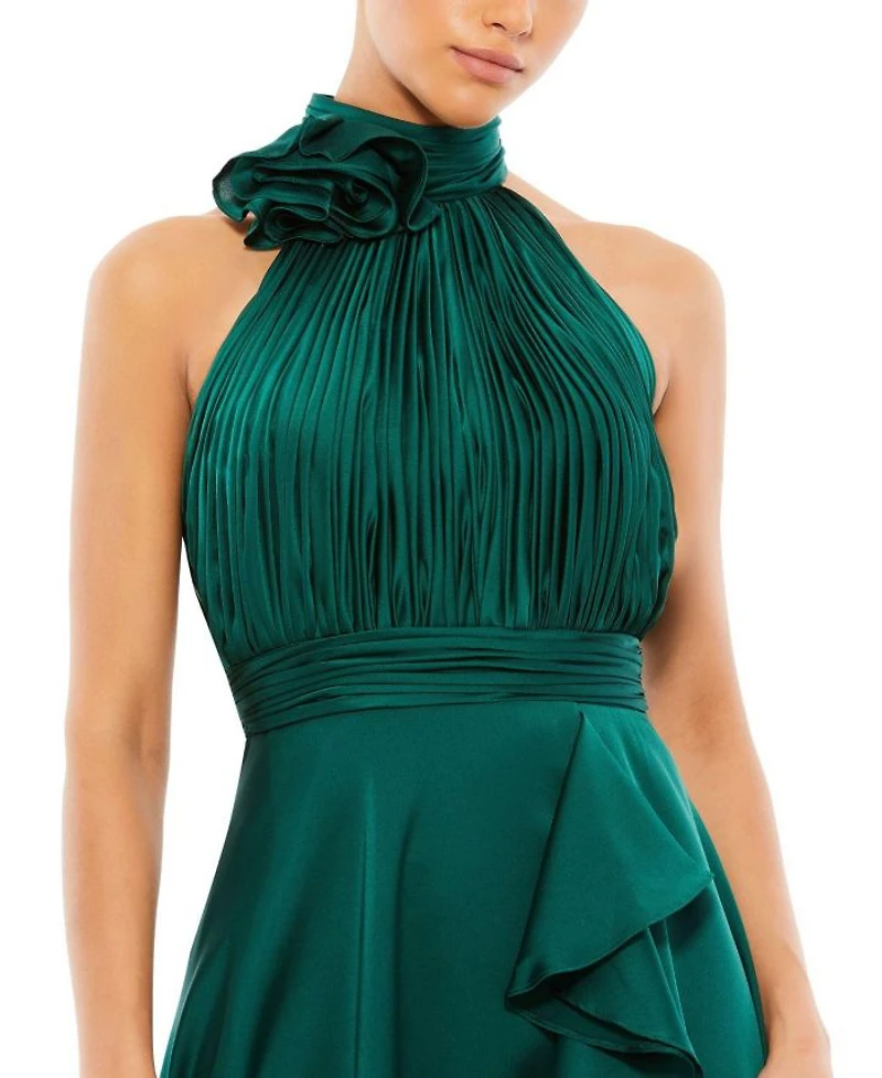 Halter Neck Flower Detail Ruffled Midi Dress