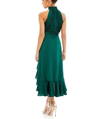 Halter Neck Flower Detail Ruffled Midi Dress