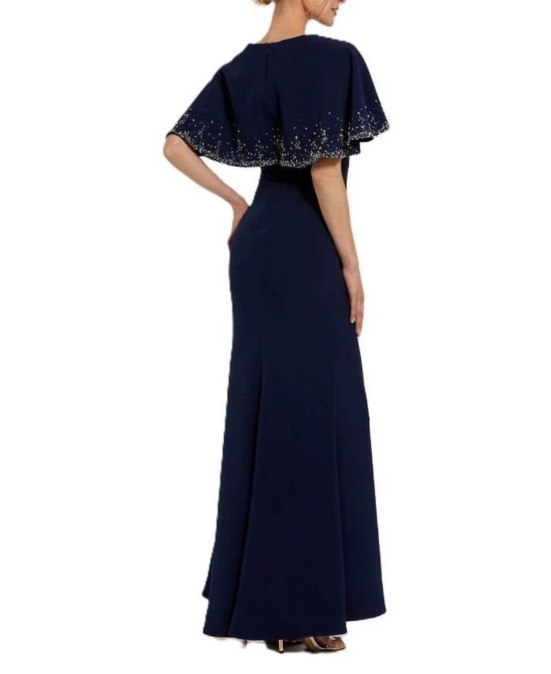Crepe High Neck Fitted Gown With Beaded Shawl