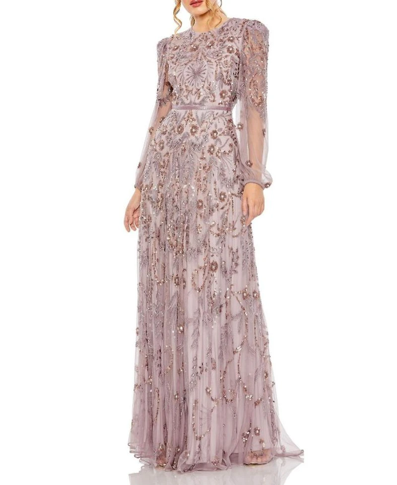 Puff Sleeve Embellished A Line Gown