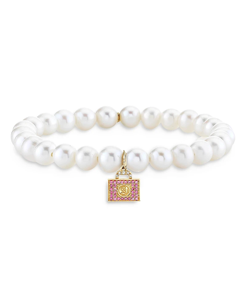 Sydney Evan Wicked x Sydney Evan 14K Yellow Gold Glinda Pink Sapphire Luggage Charm Freshwater Pearl Bracelet