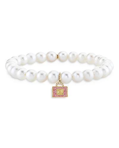 Sydney Evan Wicked x Sydney Evan 14K Yellow Gold Glinda Pink Sapphire Luggage Charm Freshwater Pearl Bracelet