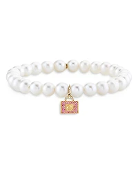 Sydney Evan Wicked x Sydney Evan 14K Yellow Gold Glinda Pink Sapphire Luggage Charm Freshwater Pearl Bracelet