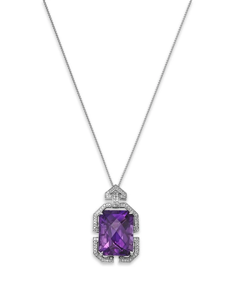 14K White Gold Amethyst & Diamond Necklace, 18"