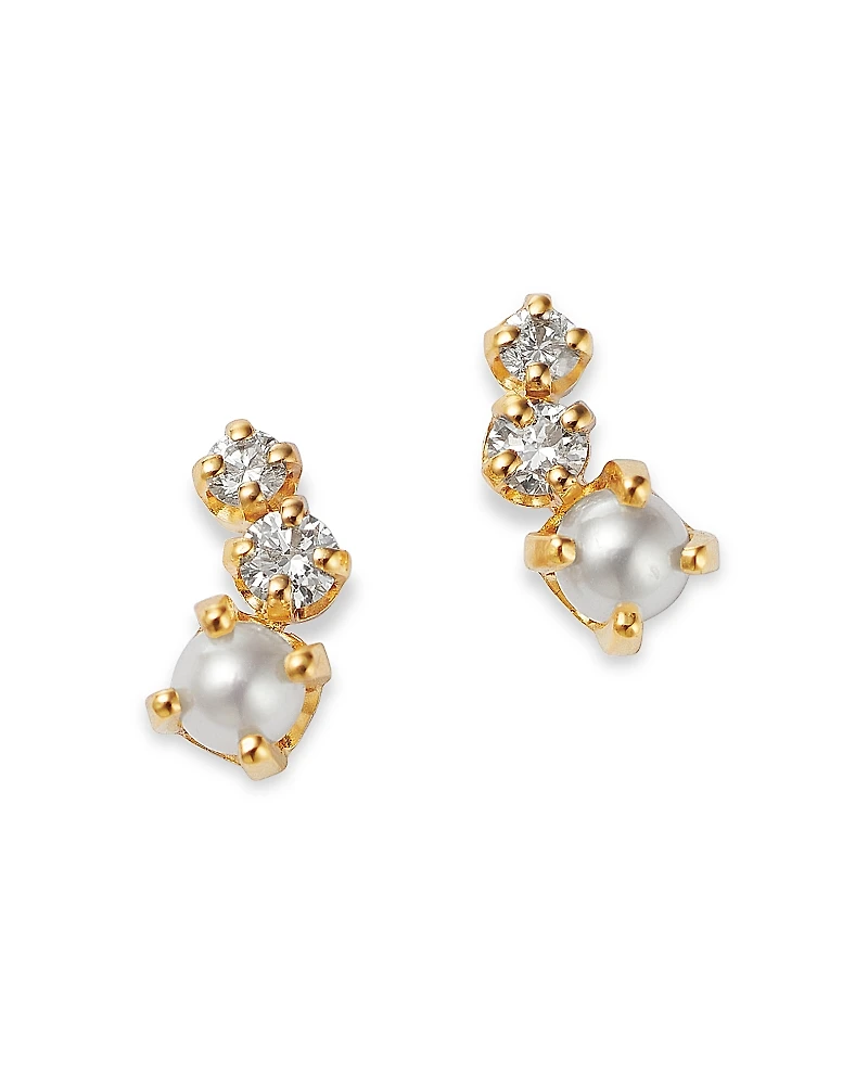 Zoe Chicco 14K Yellow Gold Graduated Curved Diamond & Cultured Freshwater Pearl Stud Earrings