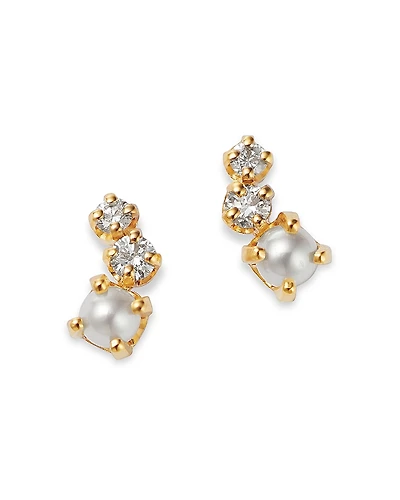 Zoe Chicco 14K Yellow Gold Graduated Curved Diamond & Cultured Freshwater Pearl Stud Earrings