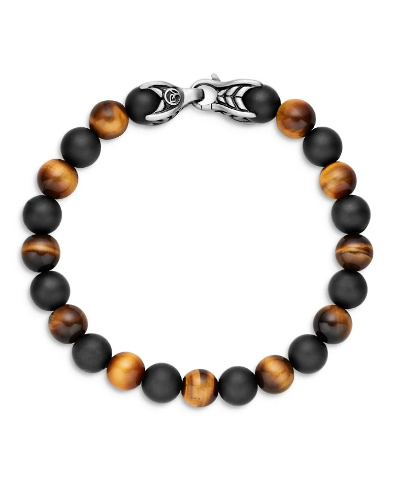 Men's Spiritual Beads Alternating Bracelet in Sterling Silver with Tigers Eye and Black Onyx, 8mm
