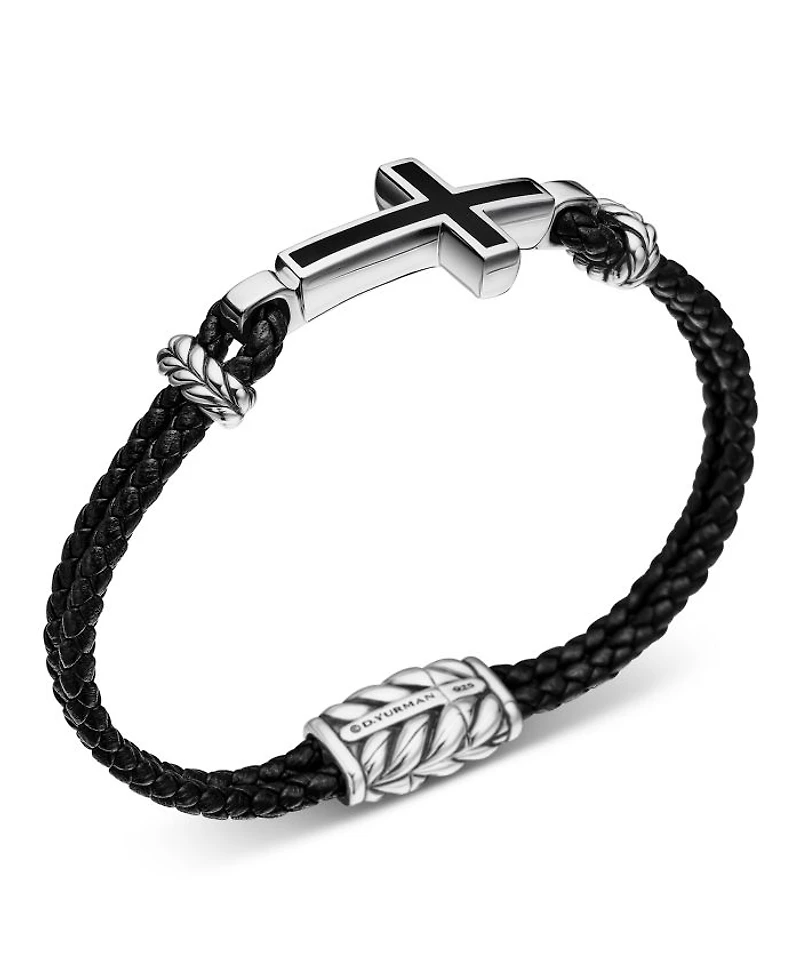 Men's Exotic Stone Cross Bracelet Black Leather with Sterling Silver and Onyx, 3mm