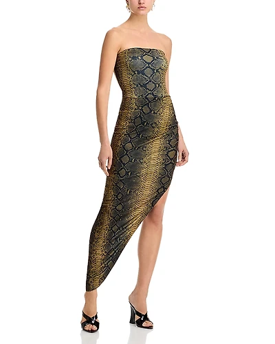Norma Kamali Printed Strapless Side Draped Gown