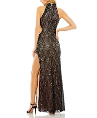 Side Cut Out High Slit Sequin Detail Neck Gown