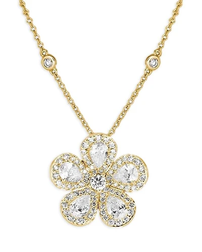 18K Yellow Gold Classic Flower Diamond Flower Pendant Necklace, 16"-17"