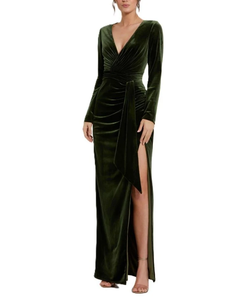 Long Sleeve Deep V Draped Velvet Gown
