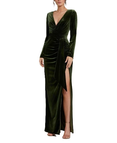 Long Sleeve Deep V Draped Velvet Gown
