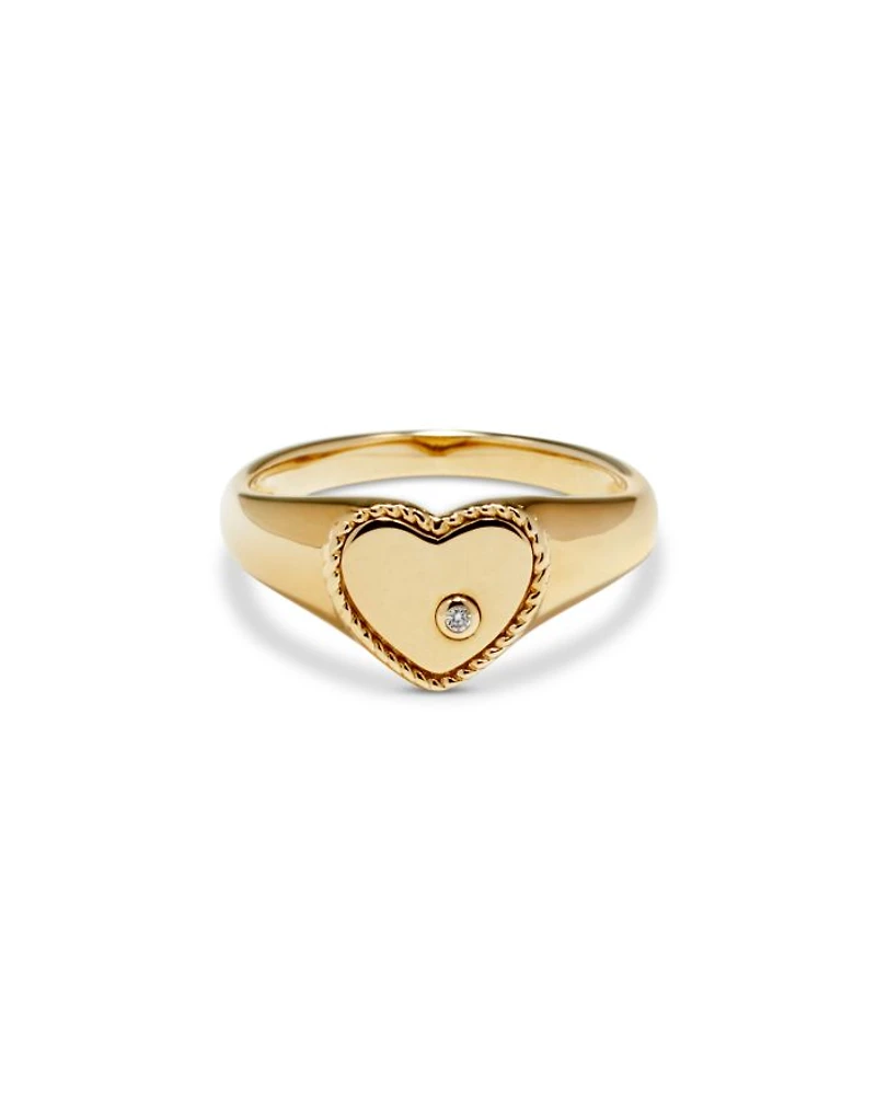 9K Yellow Gold Diamond Heart Signet Ring