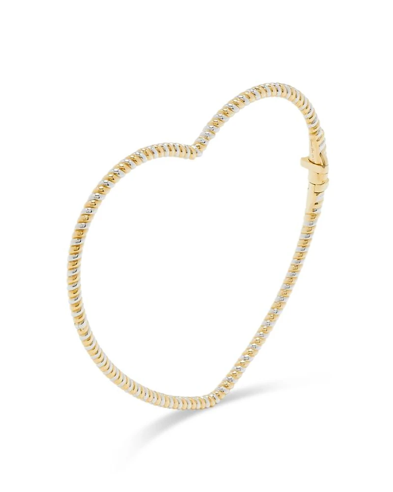 9K White & Yellow Gold Jonc Coeur Torsade Ridged Heart Bangle Bracelet