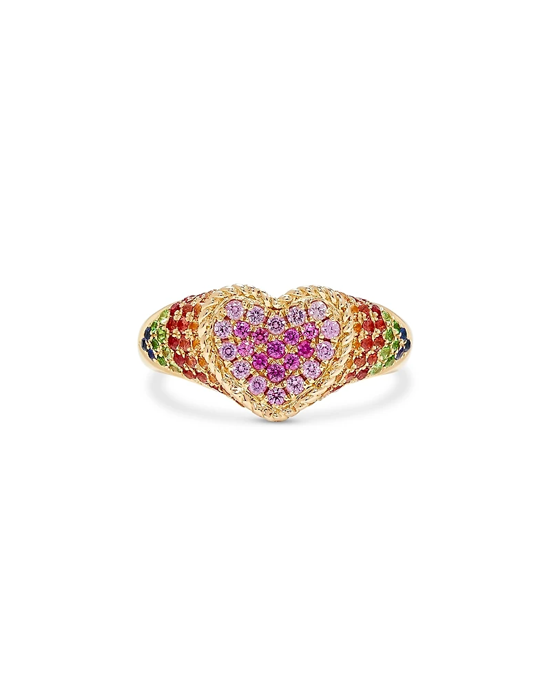Yvonne Leon 9K Yellow Gold Rainbow Sapphire & Tsavorite Heart Signet Ring
