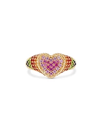Yvonne Leon 9K Yellow Gold Rainbow Sapphire & Tsavorite Heart Signet Ring